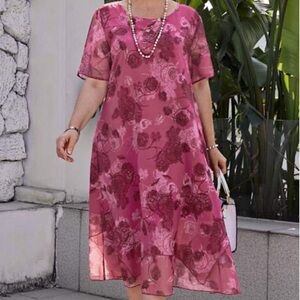 NWT! FlyCurvy Dress Fuchsia Chiffon Floral Print Layered Midi Dress Size 2XL-3XL